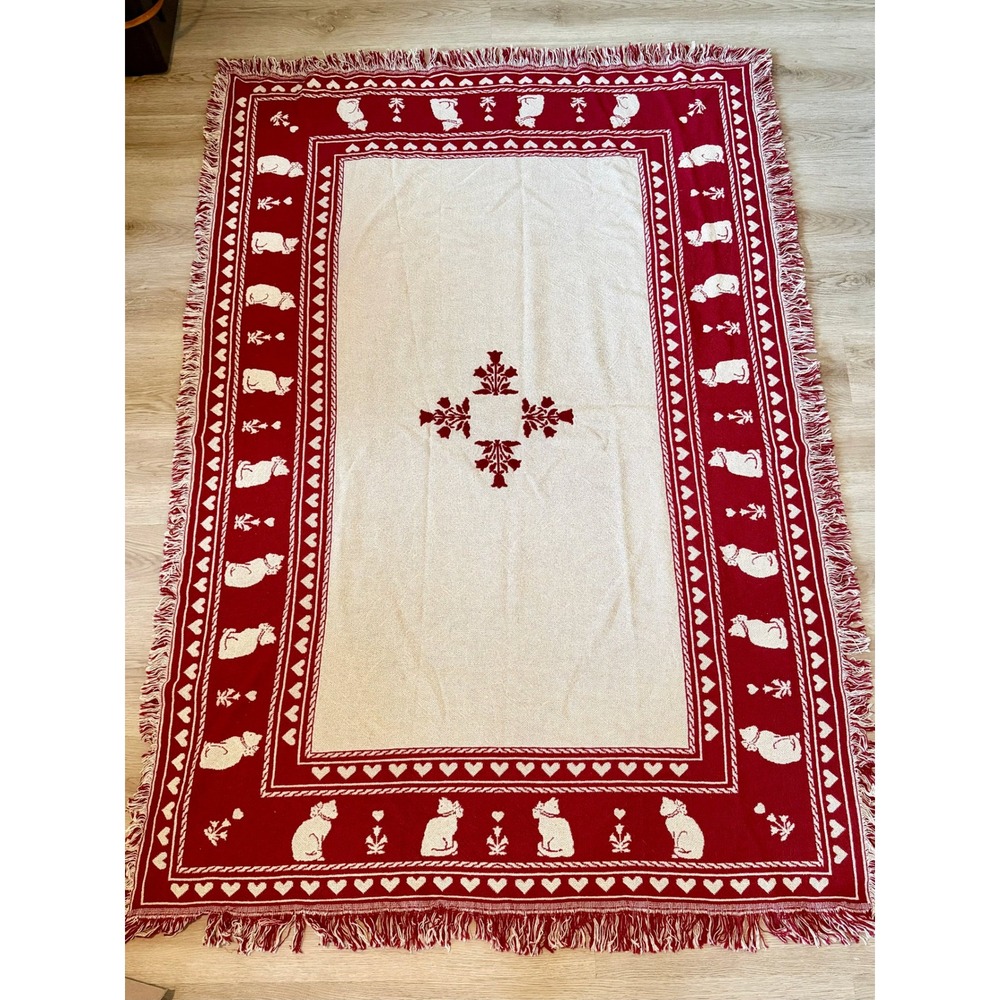 Vintage Woven Cat Tapestry Throw Blanket Red Cream Heart Fringe Reversible 46x68
